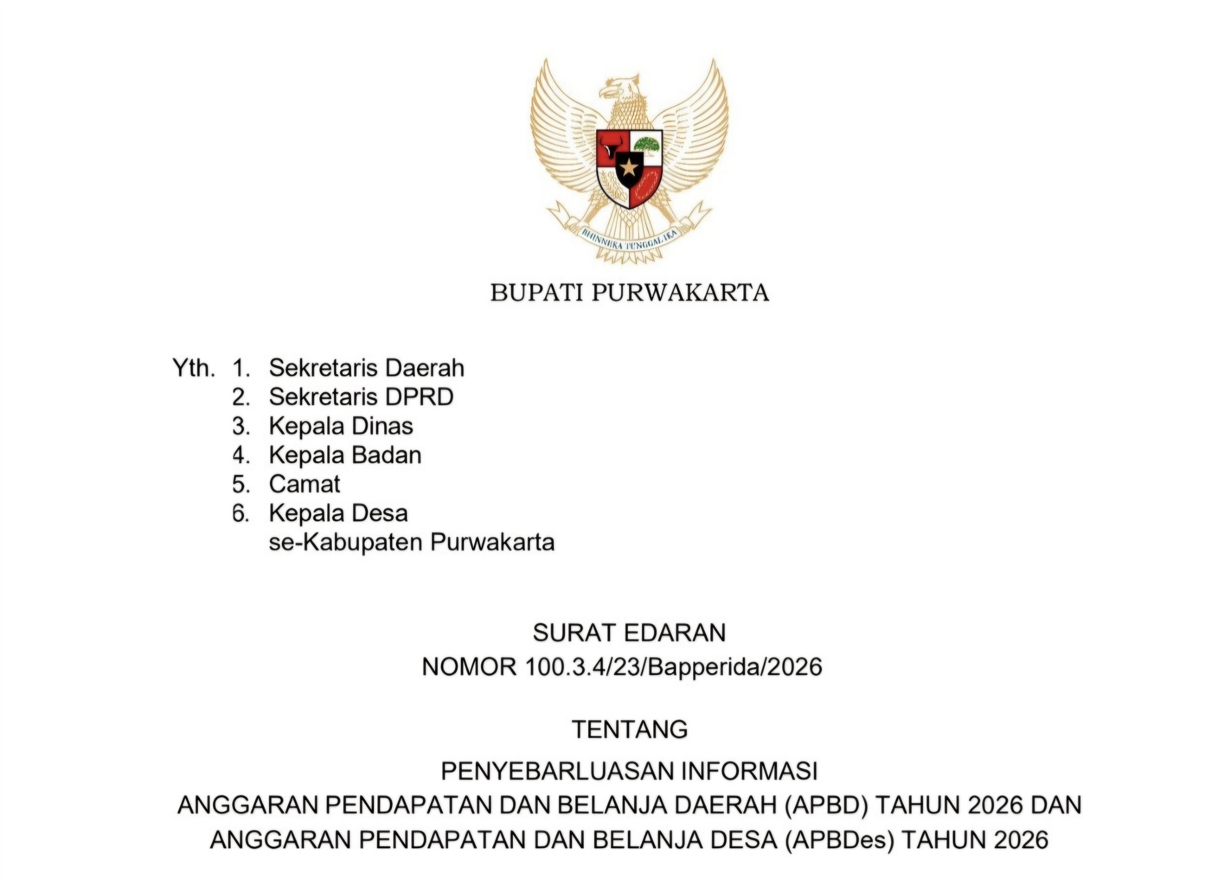 Bupati Purwakarta Terbitkan Surat Edaran Penyebarluasan Informasi APBD dan APBDes Tahun 2026, Simak 5 Poin Pentingnya