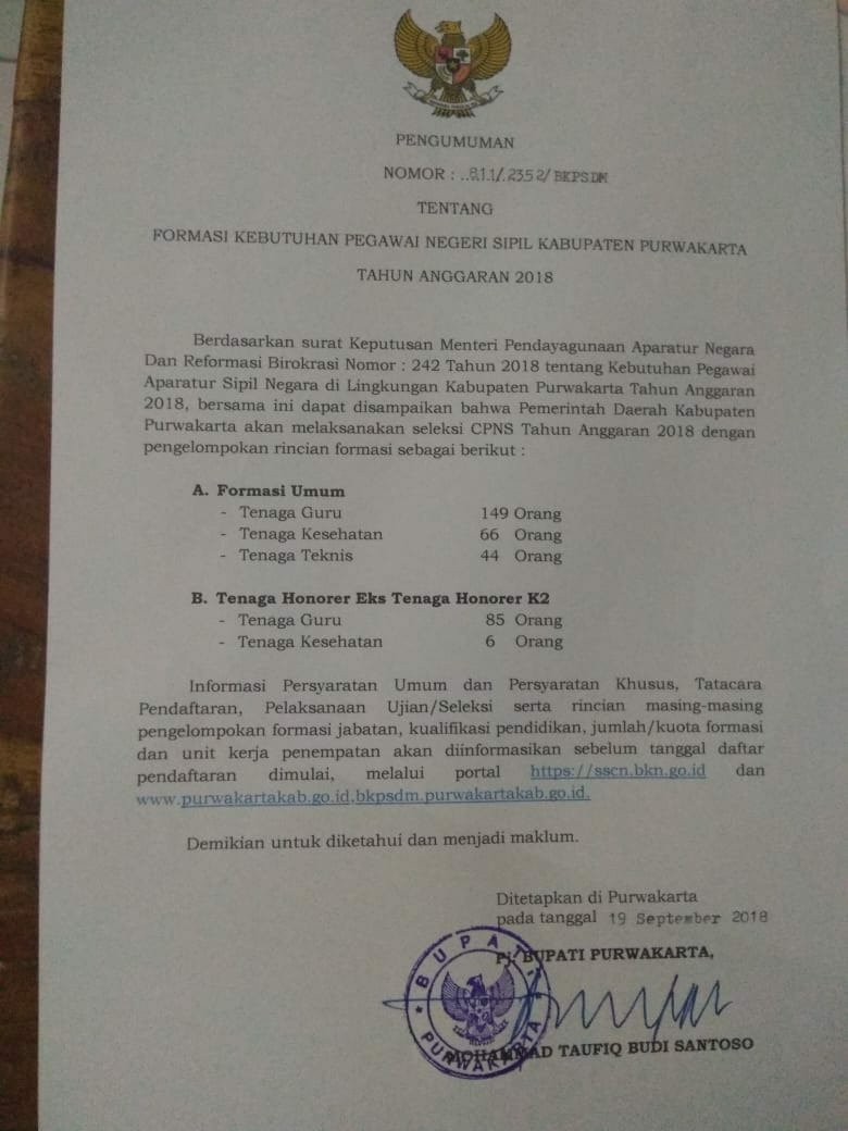 Kuota CPNS Purwakarta 350 orang, Ini Formasinya