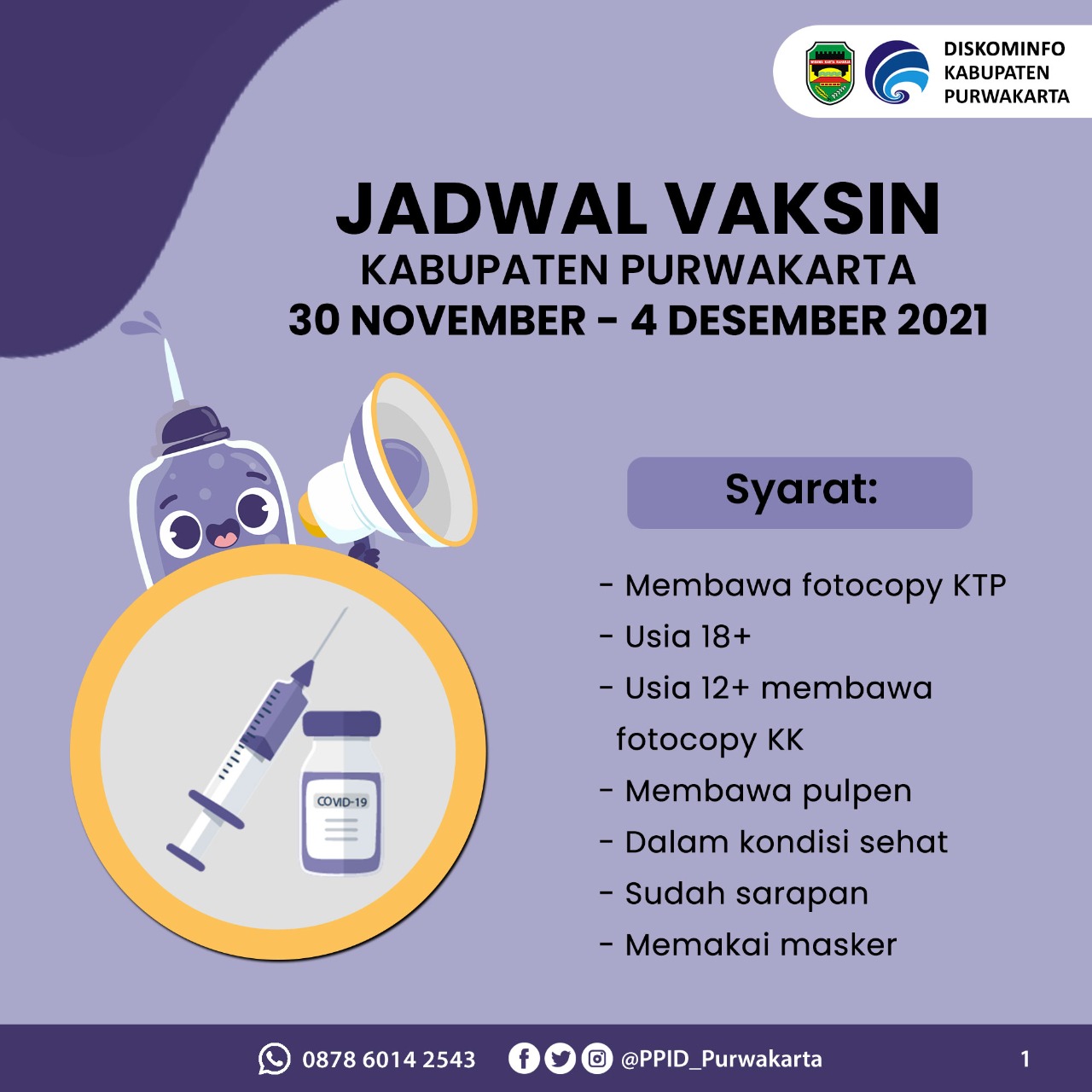 Jadwal Vaksin Kabupaten Purwakarta 30 November-04 Desember 2021